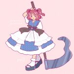  1girl arm_up character_name commentary dress full_body hair_bobbles hair_ornament holding holding_scythe obi onozuka_komachi papi_apricot pink_eyes pink_hair sash scythe short_sleeves smile socks solo tabi touhou two_side_up 