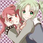  2girls blush breasts droite gauche green_eyes green_hair hair_ornament multiple_girls open_mouth red_eyes red_hair smile tales_of_(series) tales_of_vesperia twintails 