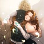  1boy 1girl aerith_gainsborough arm_around_back arm_around_neck bare_shoulders belt black_vest blonde_hair bridal_gauntlets brown_belt brown_hair cloud_strife cloud_strife_(zidane&#039;s_outfit) cobblestone cosplay couple detached_sleeves dress falling_feathers feathers final_fantasy final_fantasy_ix final_fantasy_vii final_fantasy_vii_ever_crisis from_above garnet_til_alexandros_xvii garnet_til_alexandros_xvii_(cosplay) green_eyes hair_ornament half-closed_eyes hetero hug long_hair official_alternate_costume parted_bangs shirt short_hair sidelocks smile spiked_hair vest white_dress white_feathers white_shirt white_sleeves ws_alte zidane_tribal zidane_tribal_(cosplay) 