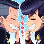  black_hair clenched_hand earrings facial_mark gakuran grey_hair grin heart higashikata_jousuke jewelry jojo_no_kimyou_na_bouken kameron male_focus multicolored_hair multiple_boys nijimura_okuyasu peace_symbol purple_hair school_uniform smile stud_earrings two-tone_hair 