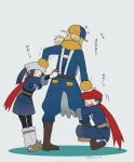  &gt;_&lt; 1girl 2boys akari_(pokemon) anger_vein black_hair blonde_hair boots closed_eyes commentary_request galaxy_expedition_team_survey_corps_uniform ginkgo_guild_uniform hat head_scarf highres kokiya long_hair long_sleeves multiple_boys on_shoulder open_mouth pokemon pokemon_(creature) pokemon_legends:_arceus pokemon_on_shoulder red_hat red_scarf rei_(pokemon) scarf simple_background togepi translation_request volo_(pokemon) 