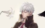  bad_id bad_pixiv_id blue_eyes charles_henri_sanson_(fate/grand_order) fate/grand_order fate_(series) feathers flower grey_background jacket male_focus necktie neopara red_neckwear shirt simple_background solo white_hair 
