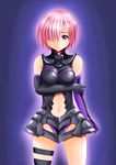  armor armored_dress b_(papiopine) black_armor breast_hold breasts elbow_gloves fate/grand_order fate_(series) gloves hair_over_one_eye large_breasts light_blush light_smile looking_at_viewer mash_kyrielight navel navel_cutout purple_eyes purple_hair short_hair solo thigh_strap 