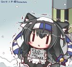  2017 alternate_costume animal_ears apron bell black_hair blush cat_ears cat_tail dated enmaided for_adoption frills hatsushimo_(kantai_collection) headband holding kantai_collection kemonomimi_mode komakoma_(magicaltale) long_hair maid open_mouth remodel_(kantai_collection) ribbon snow snow_on_head snowing solo tail tail_bell tail_ribbon translated trembling twitter_username winter |_| 