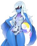  ball beach_ball bikini blue_eyes blue_sclera blue_skin breasts clothed clothing female fin hair halphelt humanoid marine open_mouth simple_background small_breasts solo swimsuit white_background 