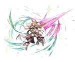  animal_ears armor bangs black_legwear blonde_hair boots braid dress erune full_body gloves granblue_fantasy holding holding_weapon long_hair minaba_hideo official_art open_mouth overskirt red_eyes short_dress solo sparkle transparent_background weapon yuisis_(granblue_fantasy) 