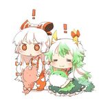  2girls :3 =_= blush bow chibi commentary dress ex-keine eyebrows_visible_through_hair fujiwara_no_mokou green_dress green_eyes hair_bow holding horn_bow horns kamishirasawa_keine long_hair long_sleeves lowres multiple_girls ofuda open_mouth pants rebecca_(keinelove) red_eyes shirt short_sleeves simple_background sitting solid_circle_eyes standing sukusuku_hakutaku suspenders tail touhou very_long_hair white_hair 