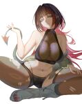  1girl absurdres animal_ears aqua_eyes bare_shoulders black_hair black_pantyhose black_shorts black_thighhighs breasts cleavage crop_top grey_footwear highres jane_doe_(zenless_zone_zero) large_breasts long_hair mouse_ears mouse_girl mouse_tail multicolored_hair navel navel_piercing panty_straps pantyhose parted_lips piercing red_hair red_nails s7nsles see-through see-through_cleavage short_shorts shorts sideboob single_leg_pantyhose single_thighhigh solo stomach tail teeth thighhighs thighs torn_clothes torn_pantyhose torn_thighhighs two-tone_hair white_background zenless_zone_zero 