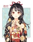  2017 artist_name bangs black_hair black_kimono blush chinese_zodiac closed_mouth commentary_request ema eyebrows_visible_through_hair floral_print furisode hair_ribbon happy_new_year holding horiizumi_inko japanese_clothes kimono long_hair long_sleeves looking_at_viewer nengajou new_year obi original red_eyes red_ribbon ribbon sash signature simple_background smile solo upper_body white_background wide_sleeves year_of_the_rooster 