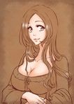  1girl bleach blush breasts brown_hair female highres inoue_orihime large_breasts long_hair looking_at_viewer mona_lisa no_bra shiny_skin smile solo 