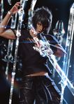  belly black_hair blue_eyes cuts engine_blade final_fantasy final_fantasy_xv fingerless_gloves gloves holding holding_weapon injury light_particles lips magic male_focus noctis_lucis_caelum open_mouth penguin_frontier polearm realistic shirt solo sword torn_clothes torn_shirt weapon 