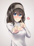  black_hair blue_eyes blush breasts commentary_request hairband heart highres idolmaster idolmaster_cinderella_girls index_finger_raised koi_dance long_hair medium_breasts meme_attire open-chest_sweater open_mouth ribbed_sweater sagisawa_fumika solo spicy_moo sweater teeth turtleneck turtleneck_sweater 