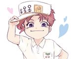  bad_id bad_pixiv_id cosplay hat heart jojo_no_kimyou_na_bouken kakyouin_noriaki kuujou_joutarou kuujou_joutarou_(cosplay) male_focus pencil_(haen2) polo_shirt purple_eyes red_hair smile solo upper_body 