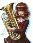  brown_hair eighth_note euphonium hibike!_euphonium instrument light_brown_eyes music musical_note neckerchief oumae_kumiko playing_instrument pleated_skirt pokoteng red_neckwear school_uniform serafuku skirt solo 