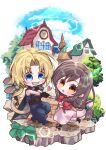  1boy 1girl absurdres aerith_gainsborough aerith_gainsborough_(cosplay) aqua_ribbon arestear0701 armor artist_name baggy_pants bangle belt blonde_hair blue_eyes blue_pants blue_shirt blush boots border bracelet brick_road brown_belt brown_eyes brown_hair building buster_sword chibi cloud_strife cloud_strife_(cosplay) cosplay cropped_jacket dress final_fantasy final_fantasy_ix final_fantasy_vii full_body garnet_til_alexandros_xvii grin hair_ribbon hand_on_own_chest heart highres holding_hands jacket jewelry leaf long_dress long_hair low-tied_long_hair low_ponytail materia monkey_tail outdoors pants parted_bangs parted_lips pink_dress pink_ribbon red_jacket ribbon shirt short_hair_with_long_locks shoulder_armor signpost single_bare_shoulder sleeveless sleeveless_turtleneck smile suspenders swept_bangs tail teeth town turtleneck weapon weapon_on_back white_border zidane_tribal 
