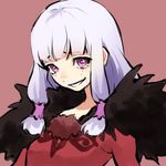  1girl agria_(tales) breasts dress freckles fur_trim grey_hair grin hair_ornament long_hair open_mouth purple_eyes red_background tales_of_(series) tales_of_xillia 