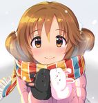  animal_ears animal_mittens bangs brown_eyes brown_hair bunny_ears coat commentary_request fringe_trim idolmaster idolmaster_cinderella_girls looking_at_viewer mittens natsuya pink_coat scarf smile solo striped striped_scarf totoki_airi twintails upper_body winter_clothes 