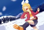  blonde_hair bow building closed_eyes day hair_bow hair_ornament hairclip happy jacket kagamine_rin kicking legs navel nokuhashi open_mouth scarf shoes shorts sky smile snow solo thighs tree vocaloid 