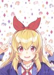  aikatsu! aikatsu!_(series) blazer blonde_hair blush booota commentary_request hair_between_eyes hairband hoshimiya_ichigo jacket long_hair multiple_girls red_eyes 