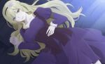  absurdres armband blonde_hair breasts collarbone corset dress flower hair_flower hair_ornament hairband heterochromia highres kiss-shot_acerola-orion_heart-under-blade large_breasts leo.comics long_hair looking_at_viewer lying monogatari_(series) oshino_shinobu purple_dress 