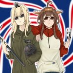  ahoge alternate_costume arm_on_shoulder blonde_hair braid brown_hair casual crown_braid globus_cruciger headgear highres jacket kantai_collection kongou_(kantai_collection) multiple_girls oasis_(band) sally_wasabi scepter sidelocks sunglasses sweater ticket warspite_(kantai_collection) 