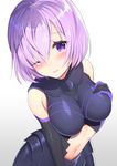  3: 3; armor armored_dress bad_id bad_pixiv_id bangs black_gloves blush breasts cleavage closed_mouth commentary_request elbow_gloves eyebrows_visible_through_hair fate/grand_order fate_(series) gloves gradient gradient_background hair_over_one_eye hand_on_own_chest impossible_clothes large_breasts lavender_hair looking_at_viewer mash_kyrielight navel navel_cutout one_eye_closed purple_eyes purple_hair sanashiro short_hair solo white_background 