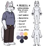 4_fingers 4_toes 5_fingers anthro barefoot blue_clothing blue_shirt blue_topwear bottomwear brown_bottomwear brown_clothing brown_pants canid canine canis claws clothed clothing domestic_dog english_text eyewear featureless_crotch feet fingers fur german_shepherd glasses half-closed_eyes herding_dog looking_at_viewer male male_anthro mammal merrill_(spudnikmutt) model_sheet narrowed_eyes nude nude_male pants pastoral_dog pawpads shirt simple_background solo spudnikmutt tail text toes topwear white_background white_body white_fur