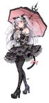  absurdres animal_ears bare_shoulders black_dress black_legwear black_umbrella breasts cat_ears cat_tail detached_sleeves dress full_body gothic_lolita harajuku_mimi high_heels highres large_breasts lolita_fashion long_hair official_art pantyhose parasol red_eyes shimashima08123 silver_hair simple_background smile solo tail tokyo_exe_girls two_side_up umbrella white_background 