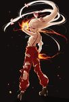  :o absurdres armpit_peek baggy_pants bangs black_footwear bow commentary_request fire floating_hair from_side fujiwara_no_mokou full_body gotoh510 hair_bow highres long_hair looking_to_the_side open_mouth pants red_eyes red_pants shirt shoes short_sleeves solo standing suspenders torn_clothes torn_shirt torn_sleeves touhou v-shaped_eyebrows white_hair white_shirt 
