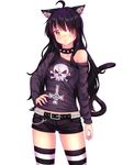  angry animal_ears belt betsy_(fast-runner-2024) black_hair cat_tail chain collar fast-runner-2024 gothic highres long_hair long_sleeves looking_at_viewer off_shoulder original short_shorts shorts simple_background solo striped striped_legwear tail thighhighs yellow_eyes 