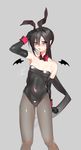  animal_ears areolae arm_up ass_visible_through_thighs bad_id bad_pixiv_id bare_shoulders black_gloves black_hair blue_eyes blush breasts cameltoe detached_collar elbow_gloves fake_animal_ears genderswap genderswap_(mtf) gloves grey_background grey_legwear hair_between_eyes hairband hand_on_own_head highres lady_bat leotard long_hair low_ponytail mermaid_melody_pichi_pichi_pitch ohisashiburi pantyhose parted_lips pointy_ears simple_background small_breasts solo sweatdrop very_long_hair wrist_cuffs 
