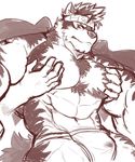  anthro bulge canine horkeukamui male mammal muscular muscular_male pecs rossciaco simple_background solo tokyo_afterschool_summoners wolf 