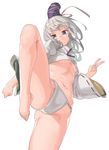  &gt;:) ass bangs bare_legs barefoot belly blue_eyes breasts cameltoe closed_mouth commentary_request eyebrows feet fundoshi hat highres japanese_clothes knee_up long_sleeves looking_at_viewer mononobe_no_futo muchi_maro navel no_pants ribbon-trimmed_sleeves ribbon_trim sidelocks small_breasts smile smug solo stomach tate_eboshi thick_eyebrows touhou underboob upshirt v v-shaped_eyebrows white_hair wide_sleeves 