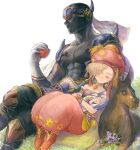  1boy 1girl armor baggy_pants black_armor blonde_hair blue_flower boots breasts closed_eyes crossed_legs detached_sleeves dobermann dog earrings final_fantasy final_fantasy_vi flower food fruit gem gloves gold_trim head_scarf holding holding_food holding_fruit holding_sketchbook horns interceptor_(ff6) jewelry mask mouth_mask ninja ninja_mask pants pendant_choker red_eyes red_footwear red_gemstone red_pants regan_(hatsumi) relm_arrowny shadow_(ff6) shoulder_spikes sketchbook small_breasts spikes strapless tube_top twitter_username wavy_hair white_background white_gloves 