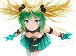  ahoge animal_ears atalanta_(fate) bangs blonde_hair blush breasts closed_mouth downblouse eyebrows_visible_through_hair fate/apocrypha fate_(series) floating_hair gloves green_eyes green_gloves green_hair green_skirt kusano_houki leaning_forward long_hair looking_at_viewer medium_breasts multicolored_hair pleated_skirt simple_background skirt small_breasts smile solo tail two-tone_hair white_background 