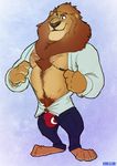  anthro beard body_hair bulge chest_hair clothed clothing digital_media_(artwork) disney facial_hair feet feline hair happy_trail kihu leodore_lionheart lion male mammal mane muscular muscular_male nipples open_shirt paws pecs pubes simple_background smile solo standing toes underwear undressing zootopia 