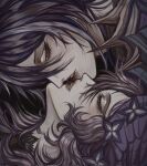  2girls acheron_(honkai:_star_rail) armor black_background black_swan_(honkai:_star_rail) closed_eyes english_commentary highres honkai:_star_rail honkai_(series) imminent_kiss long_hair looking_at_another multiple_girls pale_skin parted_lips profile purple_eyes purple_hair purple_veil qwt00tt red_lips red_pupils shoulder_armor yuri 