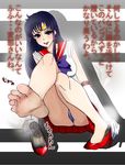  1girl barefoot bishoujo_senshi_sailor_moon black_eyes black_hair earrings feet gloves high_heels hino_rei long_gloves long_hair looking_at_viewer pantyshot pov pov_feet red_shoes sailor_mars shoes_removed single_shoe sitting soles star_earrings steam tiara toes translated upskirt white_gloves 