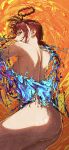  1girl absurdres ass bare_back breasts chainsaw_man erupusai2 from_behind halo highres looking_at_viewer makima_(chainsaw_man) medium_hair nude orange_background ponytail red_hair ringed_eyes sideboob yellow_eyes 