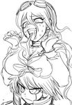  1girl ahoge android between_breasts breast_rest breasts bubble_pop_sdk danganronpa goggles goggles_on_head greyscale hetero iruma_miu keebo large_breasts long_hair looking_down monochrome new_danganronpa_v3 school_uniform serafuku sexually_suggestive short_hair sketch sweat tongue tongue_out 