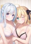  2girls absurdres ahoge anisphia_wynn_palettia arm_around_waist blonde_hair blush bow bra braid braided_bangs breast_press breasts euphyllia_magenta green_eyes grey_hair grin hair_bow hair_ribbon highres hoshimitooni lace-trimmed_bra lace_trim large_breasts long_hair looking_at_viewer multiple_girls navel one_eye_closed purple_eyes ribbon short_hair smile symmetrical_docking tensei_oujo_to_tensai_reijou_no_mahou_kakumei underwear upper_body 