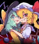  2girls black_headwear blonde_hair bow cocokana commentary_request flandre_scarlet green_eyes green_hair hair_between_eyes hat hat_bow hat_ribbon heart heart-shaped_pupils heart_of_string highres komeiji_koishi looking_at_viewer multiple_girls one_side_up red_eyes red_ribbon ribbon sharp_teeth short_hair smile symbol-shaped_pupils teeth third_eye touhou upper_body white_headwear yellow_bow 