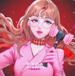  1girl blackpink blue_eyes close-up earrings english_commentary gloves jacket jewelry lisa_(blackpink) long_hair looking_to_the_side necklace pink_gloves pink_jacket ravee_of_titans red_background solo upper_body 
