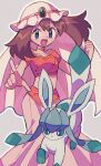  1girl :d arabian_clothes blue_eyes brown_hair choker cropped_shirt glaceon heart heart_choker highres looking_at_viewer may_(pokemon) mgomurainu midriff open_mouth pink_skirt pokemon pokemon_(anime) pokemon_(creature) pokemon_dppt_(anime) shirt skirt smile white_headwear 