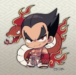 1boy belt black_hair chibi closed_mouth full_body gloves grey_background kotorai looking_at_viewer martial_arts_belt mishima_kazuya no_nose pants purple_belt red_gloves scar scar_on_arm scar_on_cheek scar_on_chest scar_on_face signature smile snake standing studded_gloves tekken thick_eyebrows v-shaped_eyebrows white_pants 