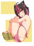  1girl :p ahoge animal_ears back bikini breasts brown_footwear butt_crack cat_ears cat_girl cat_tail commentary cougar_(cougar1404) fetal_position halterneck hugging_own_legs leo_(cougar1404) looking_at_viewer medium_breasts multicolored_hair original pink_bikini pink_hair sandals short_hair solo streaked_hair swimsuit tail tongue tongue_out two-tone_hair yellow_eyes 