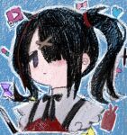  1girl ame-chan_(needy_girl_overdose) black_hair black_ribbon blue_background collared_shirt cropped_torso hair_ornament hair_over_one_eye long_hair looking_at_viewer neck_ribbon needy_girl_overdose outline phone purple_eyes red_shirt ribbon shirt solo suspenders twintails upper_body x_hair_ornament xiao_chichi youtube_logo 