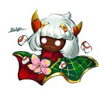  1boy closed_mouth coat commentary_request dark_skin disembodied_limb flower full_body glowing glowing_eyes green_coat highres horns kirby:_triple_deluxe kirby_(series) minya_(minyamokarva) pink_flower signature simple_background solo taranza white_background white_eyes white_hair 