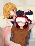  2girls :o ahoge arms_behind_head barefoot blonde_hair brown_eyes brown_shirt chair feet foreshortening glint grin head-mounted_display highres hipa_(some1else45) holding leaning_back long_hair long_sleeves multiple_girls one_eye_closed open_mouth original red_hair sekoshi_(some1else45) shirt short_hair short_sleeves sidelocks sitting smile soles some1else45 toes 