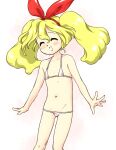  1girl :d ^_^ alternate_hairstyle bare_arms bare_shoulders bikini blonde_hair blush closed_eyes ellen_(touhou) flat_chest groin hairband legs_apart long_hair lowleg lowleg_bikini micro_bikini navel nonamejd official_style red_hairband smile solo standing swimsuit touhou touhou_(pc-98) twintails white_bikini zun_(style) 